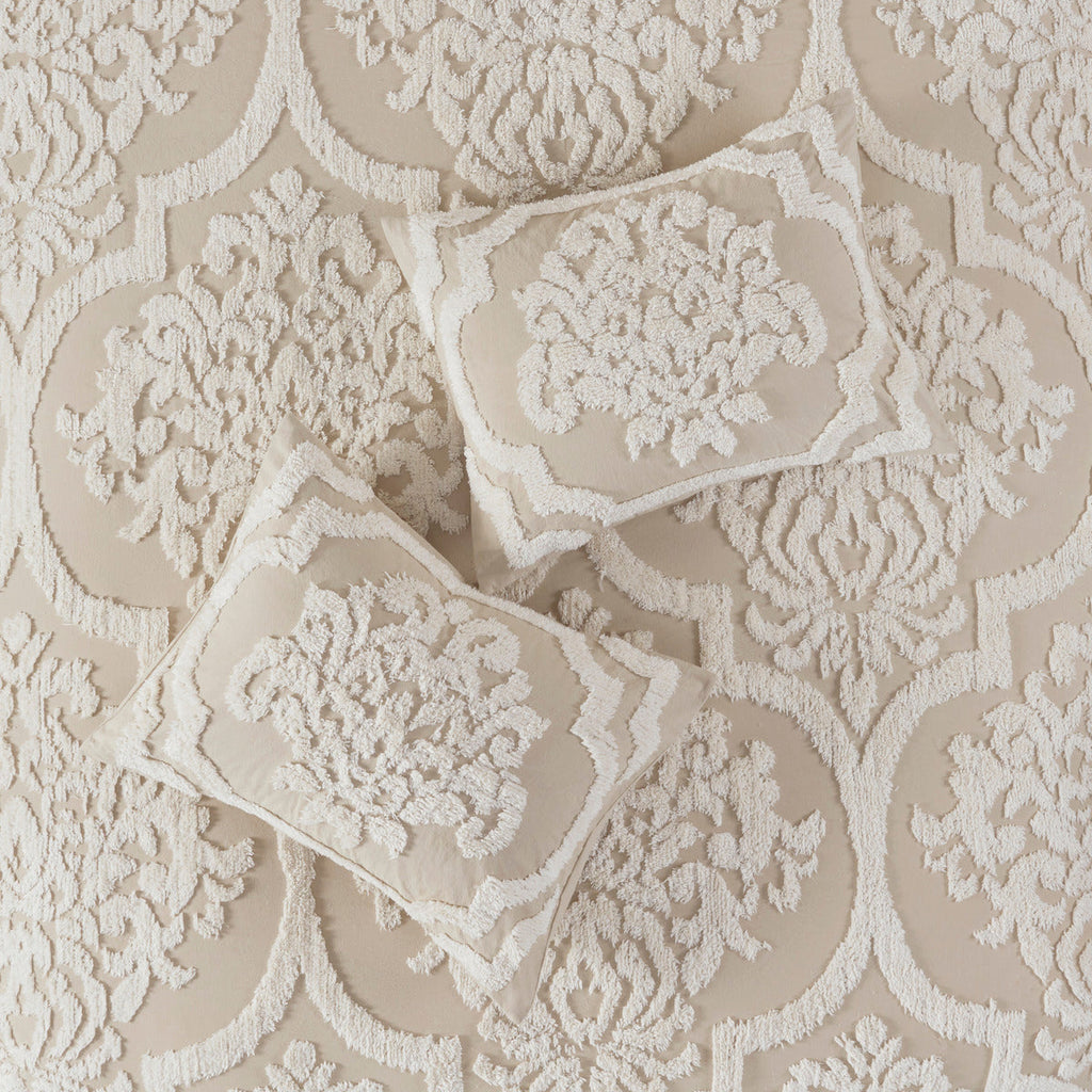 3 Piece Tufted Cotton Chenille Damask Comforter Set Taupe King/Cal King