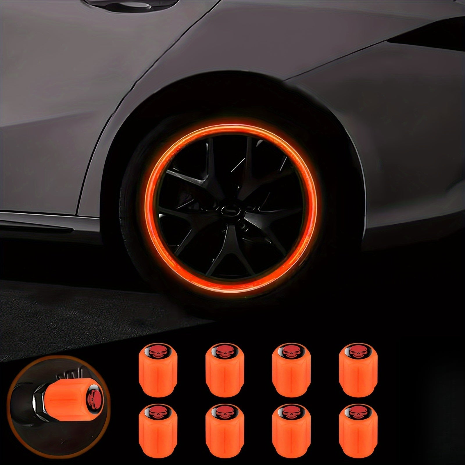 A Collection of Four Glowing Tire Valve Caps Designed to Stop Air from Escaping, Ideal for Vehicles Like Cars, Bikes, And Trucks, Adding a Fashionable Touch