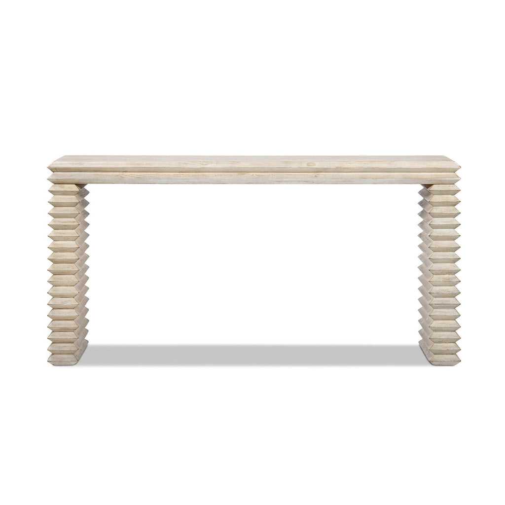 Veda 63' Reclaimed Wood Stacked Geometric Waterfall Console Table, Whitewashed Natural Reclaimed Pine Wood