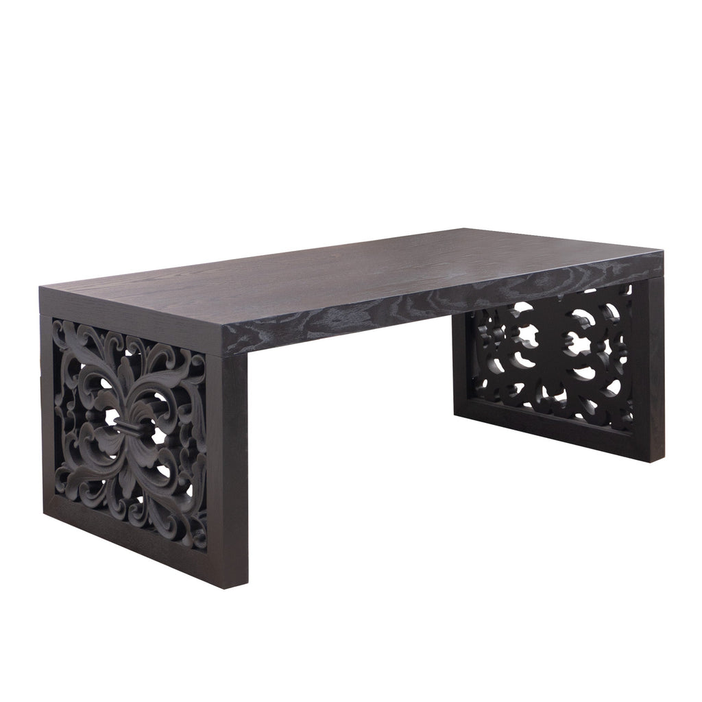 47.2" Solid Black Carved Wood Coffee Table – Handcrafted Look with Ornate Side Panels