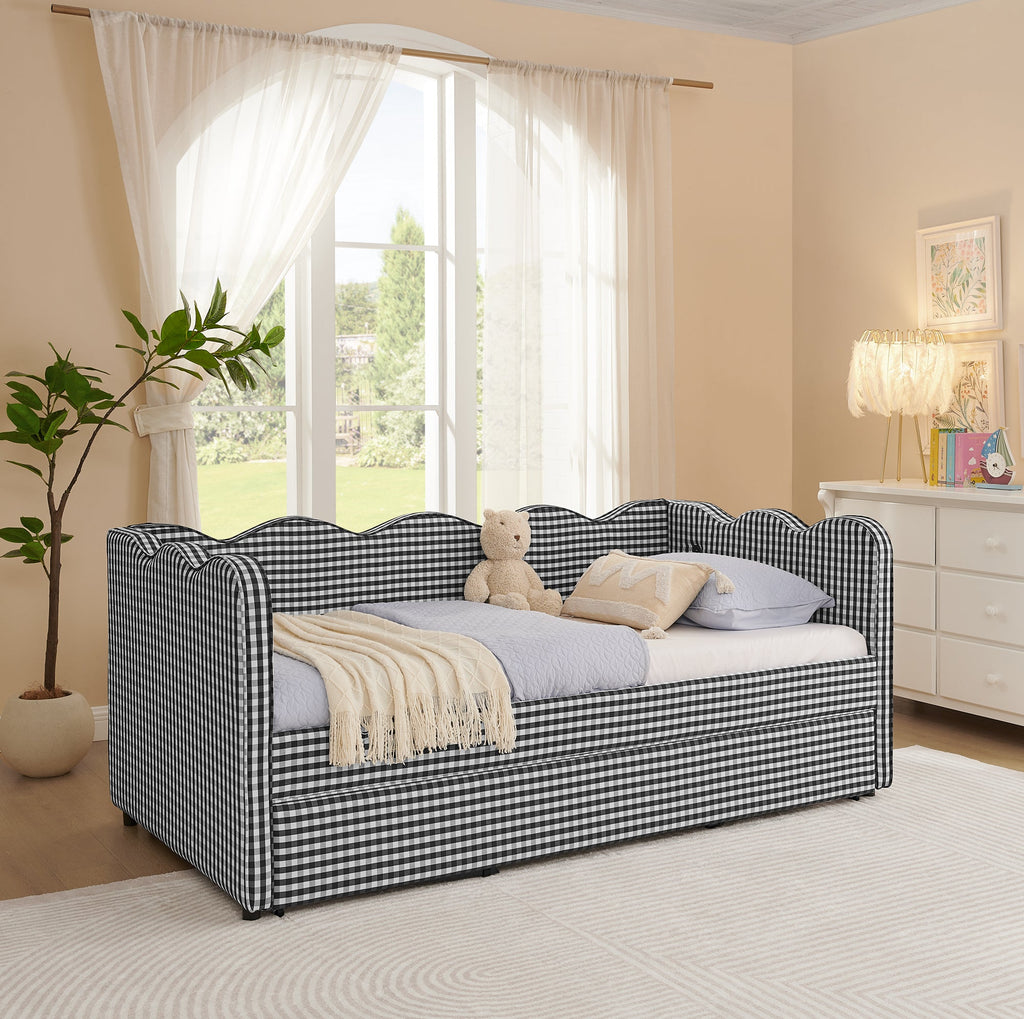 Cozy Gingham Daybed with Trundle Twin Size Sofa Bed