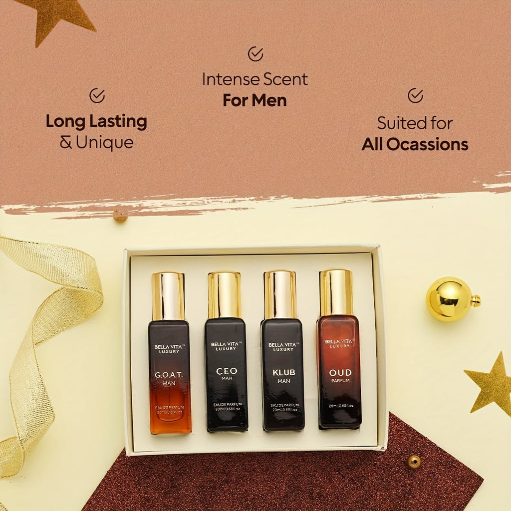 Bella Vita Luxury Long Lasting Perfume Gift Set for Man | 4x0.68oz | Gifts for Men | Woody, Citrusy, Oud, Premium Fragrance Scent | KLUB, OUD, CEO, G.O.A.T