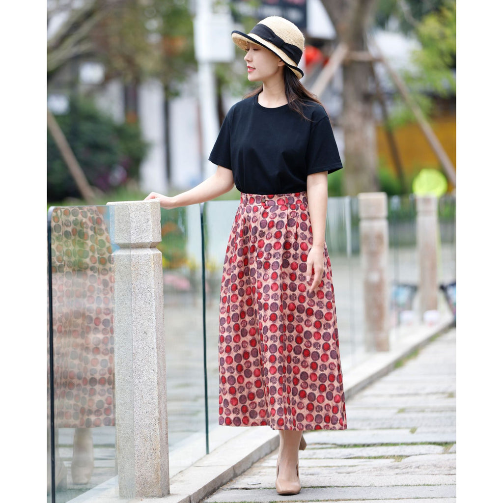 Polka Dot Linen  Literary And Casual Cotton And Linen Skirt
