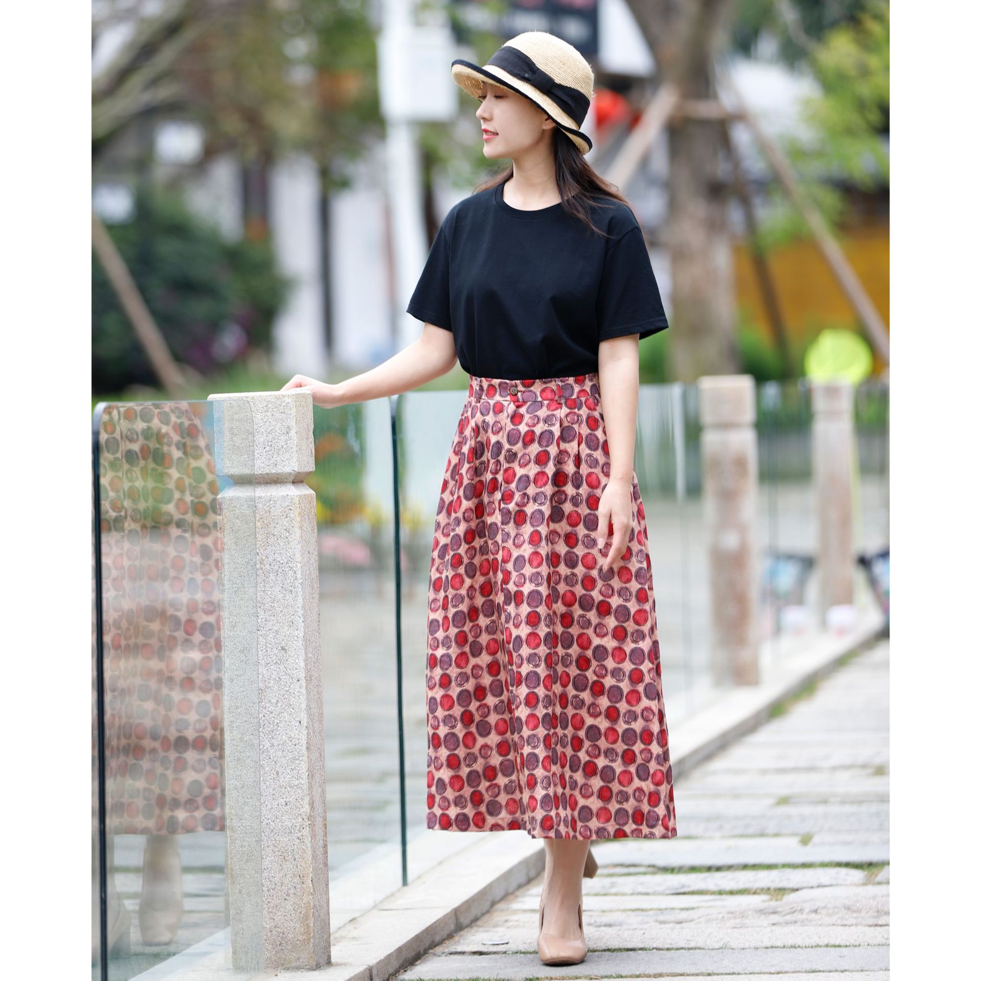 Polka Dot Linen  Literary And Casual Cotton And Linen Skirt