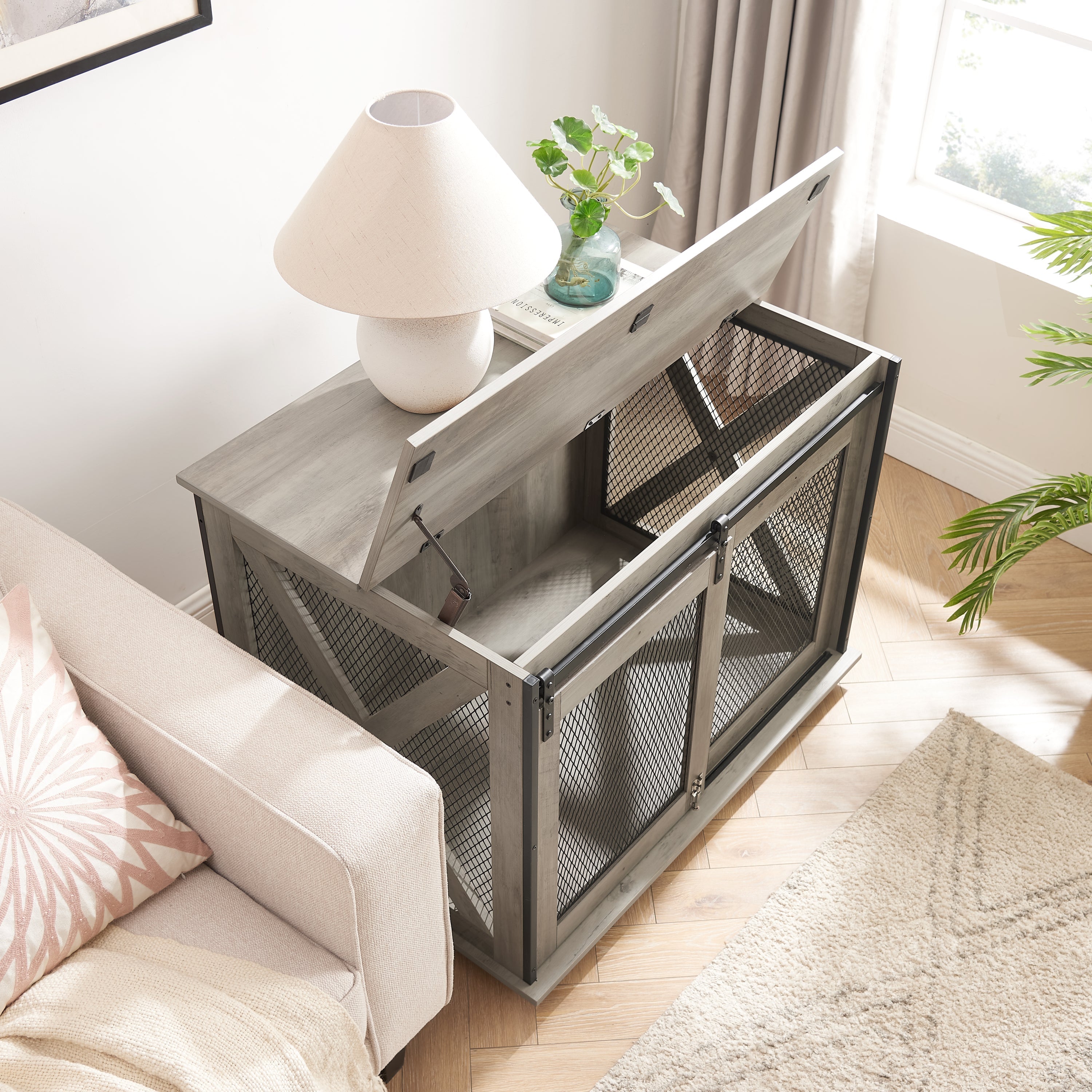 Farmhouse Dog Cage Crate Furniture with Sliding Barn Door