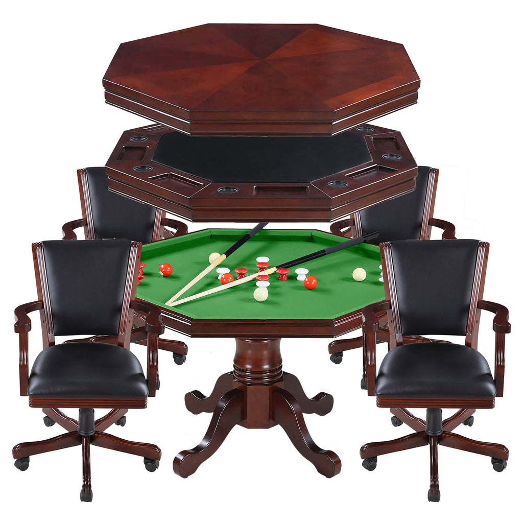 *PRE ORDER* 48-in Poker Table, Bumper Pool Combo Set with 4 Arm Chairs - Dark Wood Finish