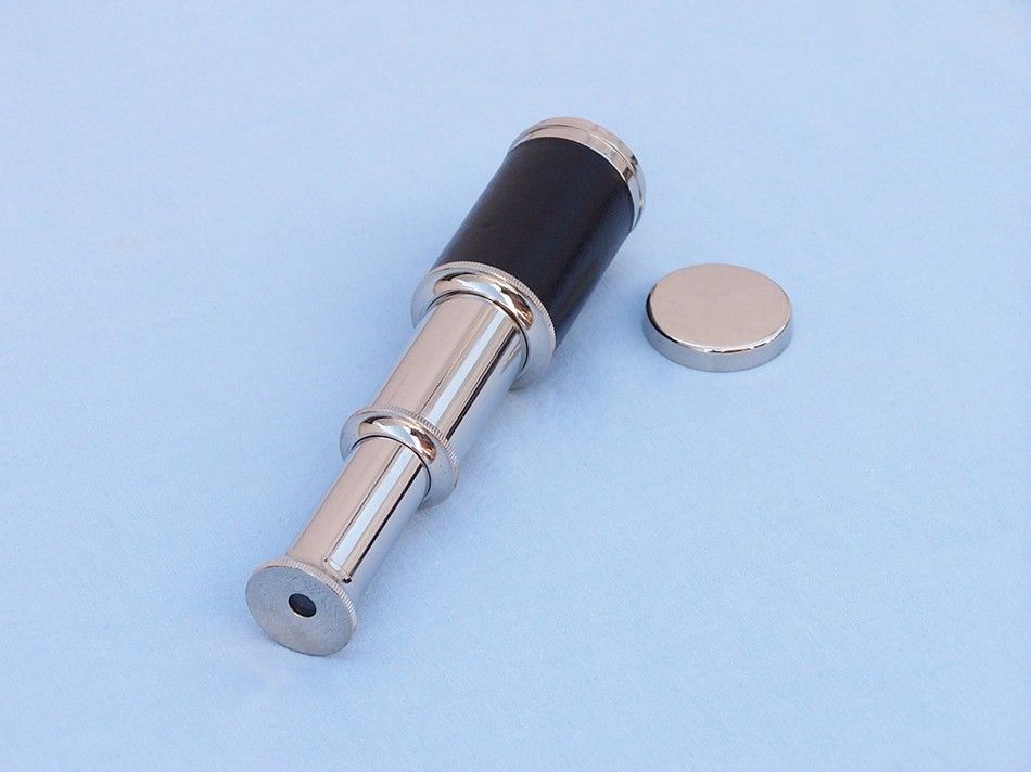 Deluxe Class Scout's Chrome - Leather Spyglass Telescope 7"" with Black Rosewood Box