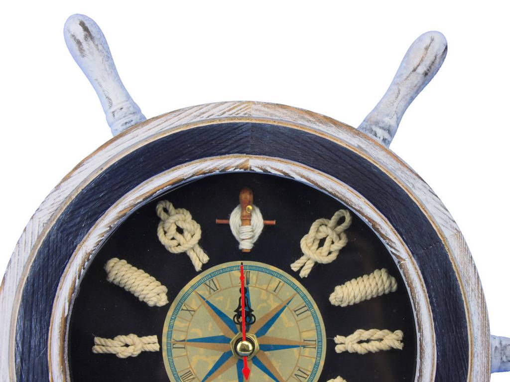 Wooden Rustic White and Blue Ship Wheel Knot Faced Clock 12""