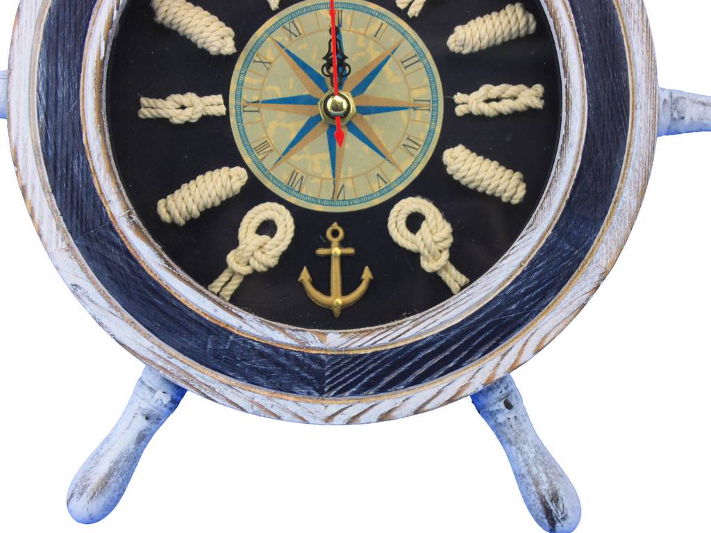 Wooden Rustic White and Blue Ship Wheel Knot Faced Clock 12""