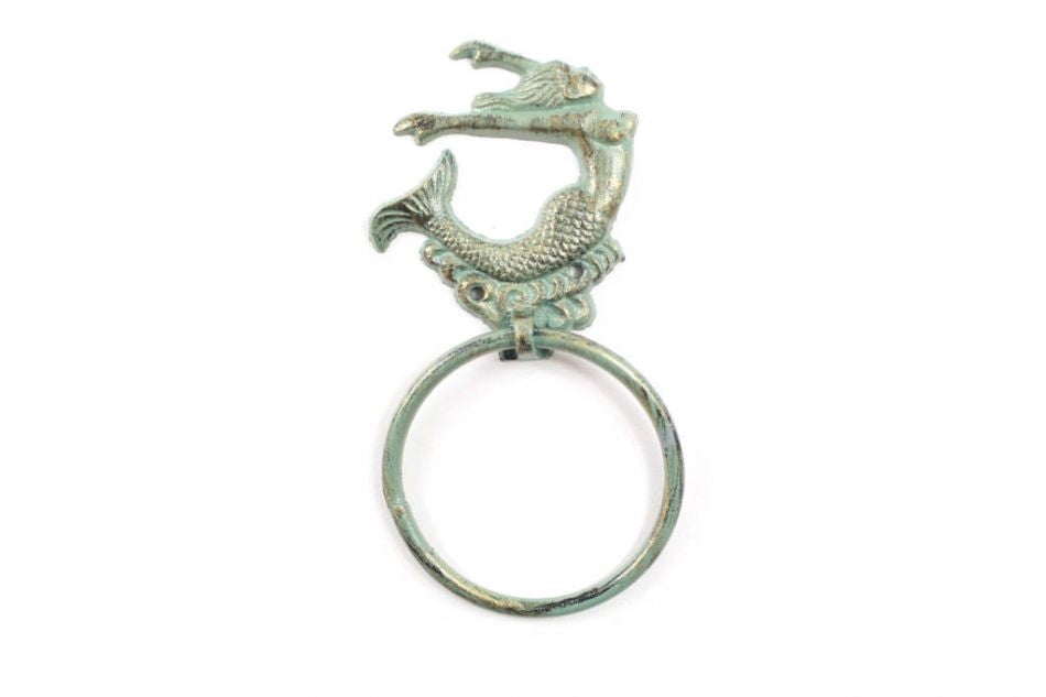 Antique Seaworn Bronze Cast Iron Arching Mermaid Towel Holder 9""