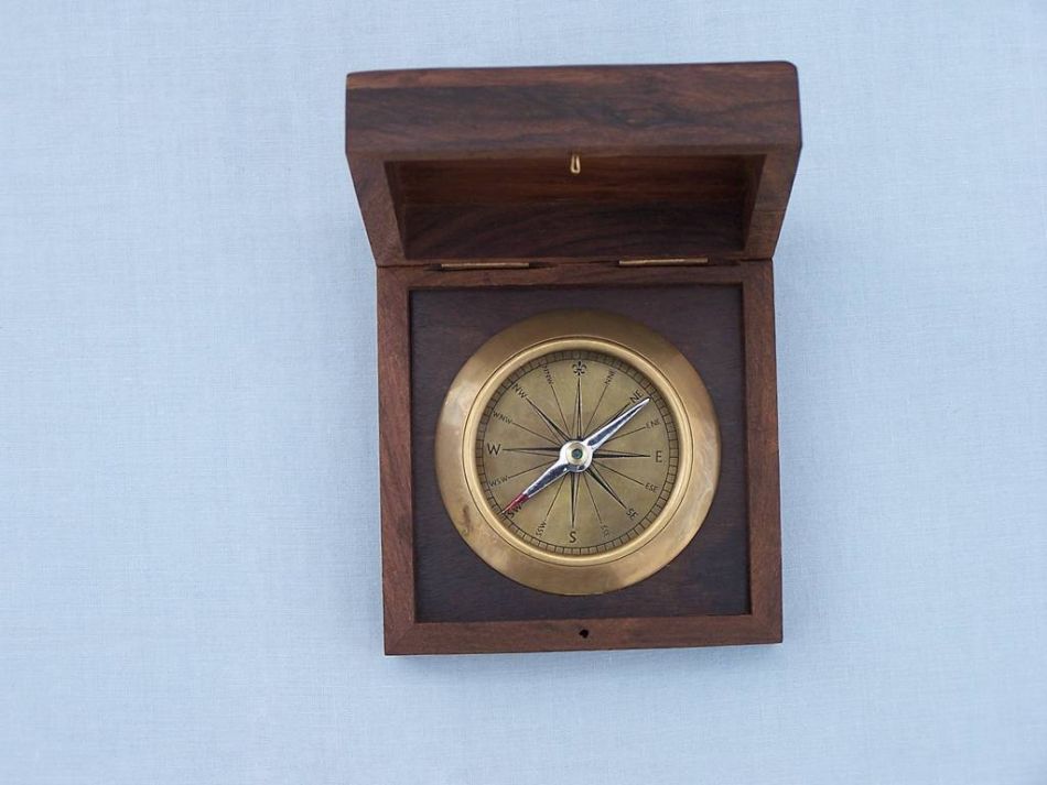 Antique Brass Captains Desk Compass with Rosewood Box 4""