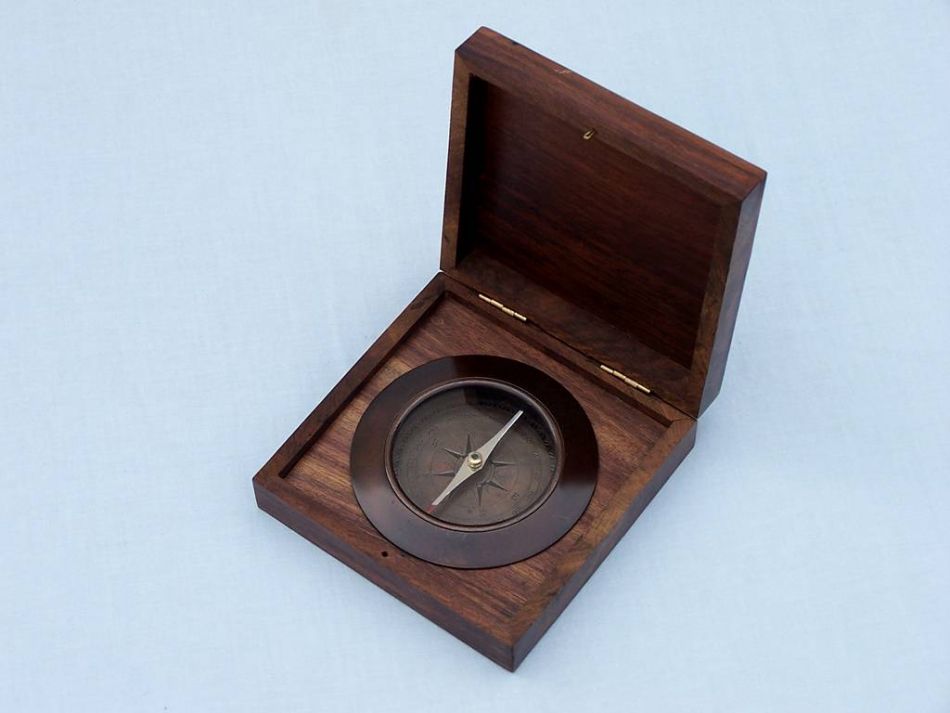 Antique Copper Admirals Desk Compass with Rosewood Box 5""