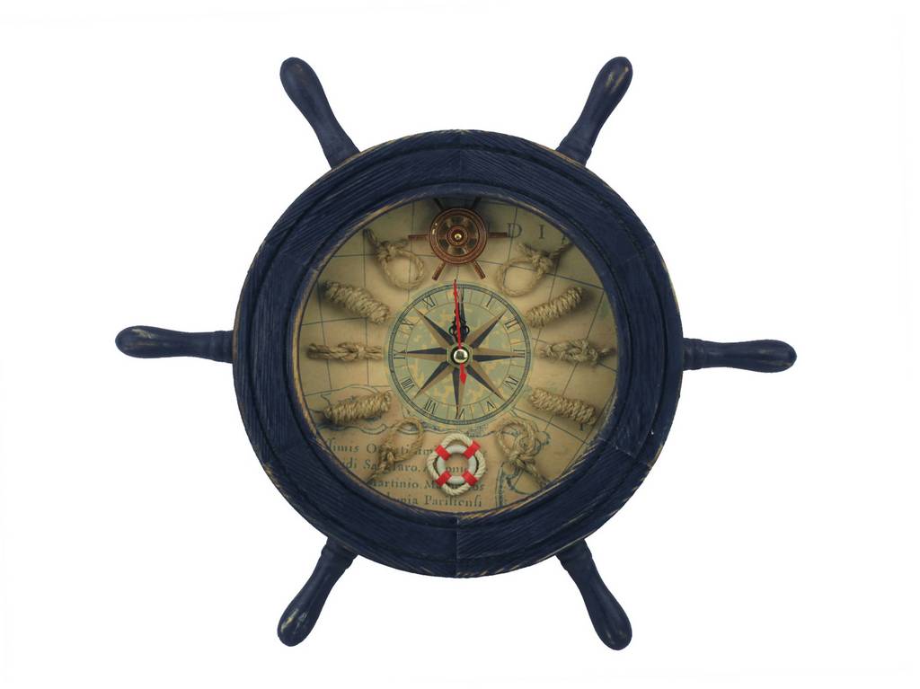 Wooden Rustic Dark Blue Ship Wheel Knot Faced Clock 12""