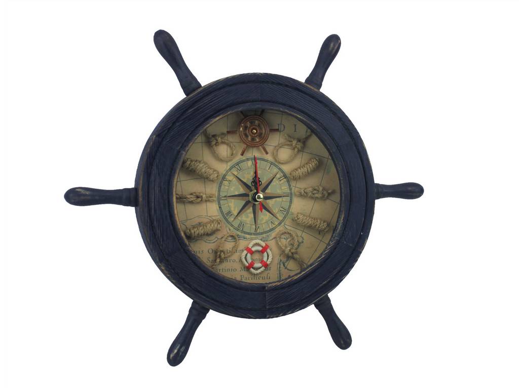 Wooden Rustic Dark Blue Ship Wheel Knot Faced Clock 12""