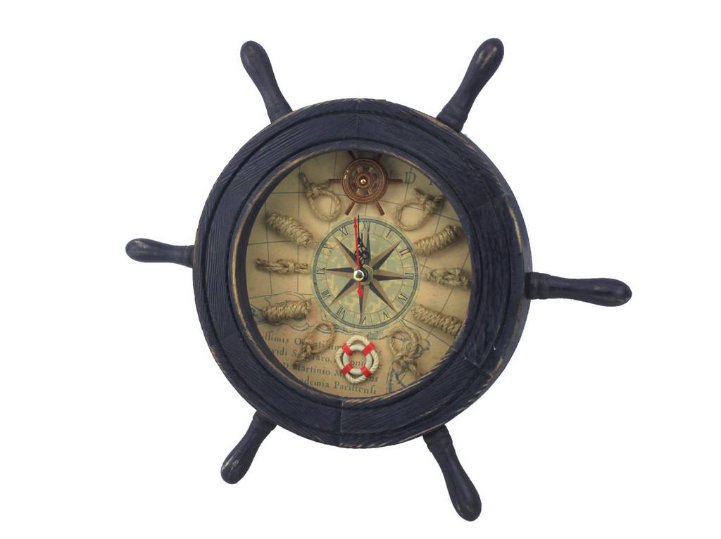 Wooden Rustic Dark Blue Ship Wheel Knot Faced Clock 12""