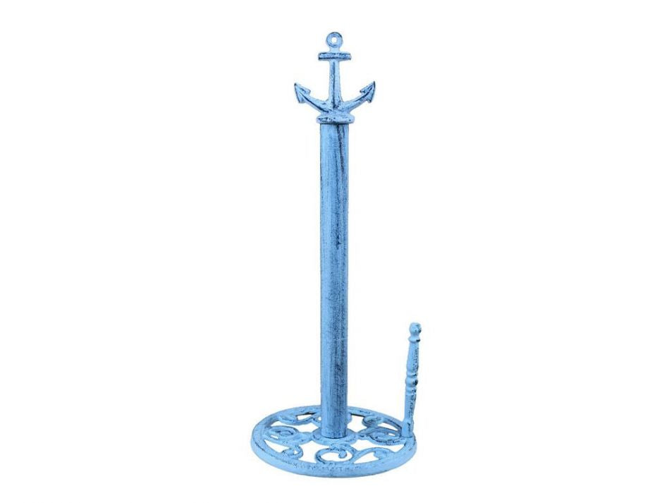 Rustic Dark Blue Whitewashed Cast Iron Anchor Paper Towel Holder 16""