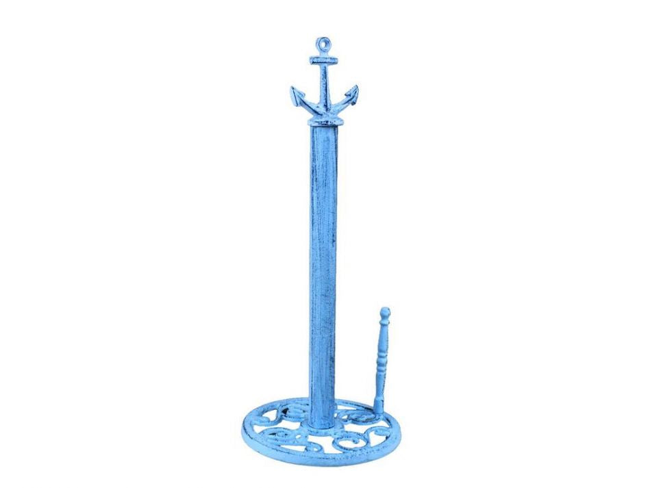 Rustic Dark Blue Whitewashed Cast Iron Anchor Paper Towel Holder 16""