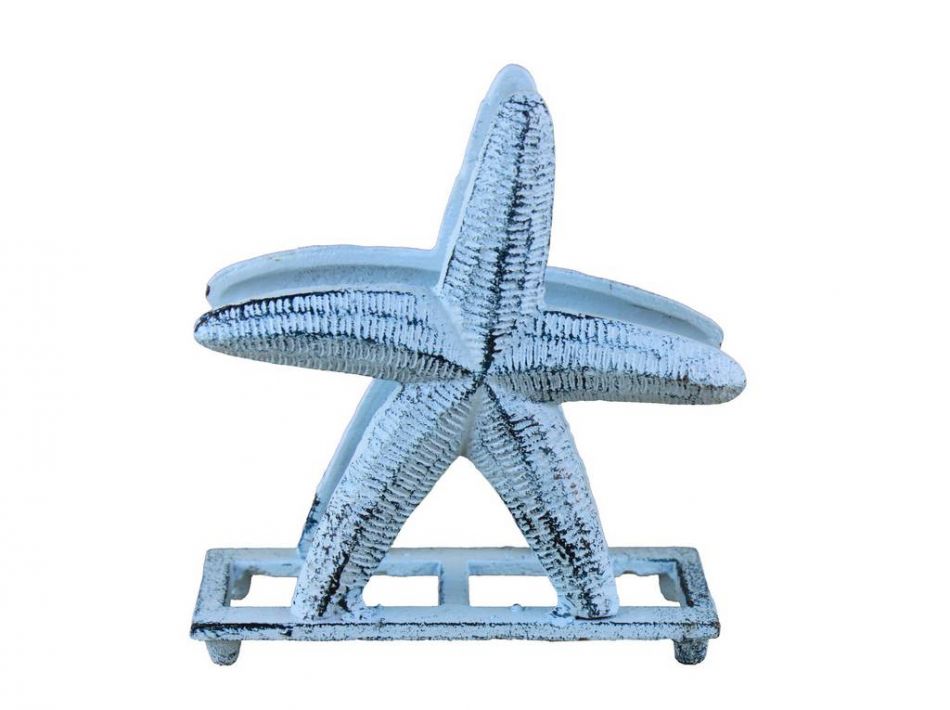 Rustic Dark Blue Whitewashed Cast Iron Starfish Napkin Holder 6""