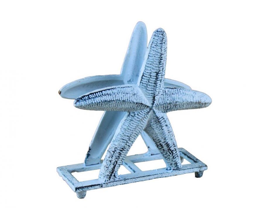 Rustic Dark Blue Whitewashed Cast Iron Starfish Napkin Holder 6""