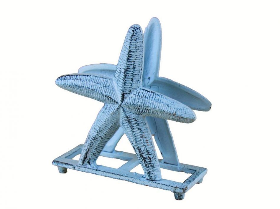 Rustic Dark Blue Whitewashed Cast Iron Starfish Napkin Holder 6""