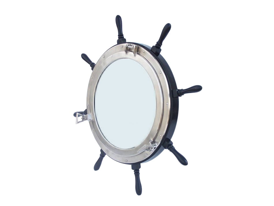 Deluxe Class Wood and Brushed Nickel Ship Wheel Porthole Mirror 36""