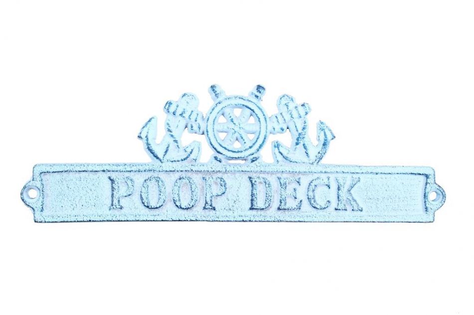 Dark Blue Whitewashed Cast Iron Poop Deck Sign with Ship Wheel and Anchors 9""