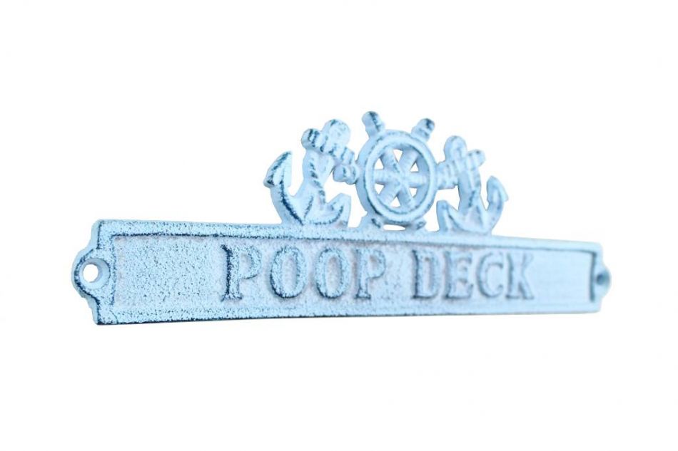 Dark Blue Whitewashed Cast Iron Poop Deck Sign with Ship Wheel and Anchors 9""