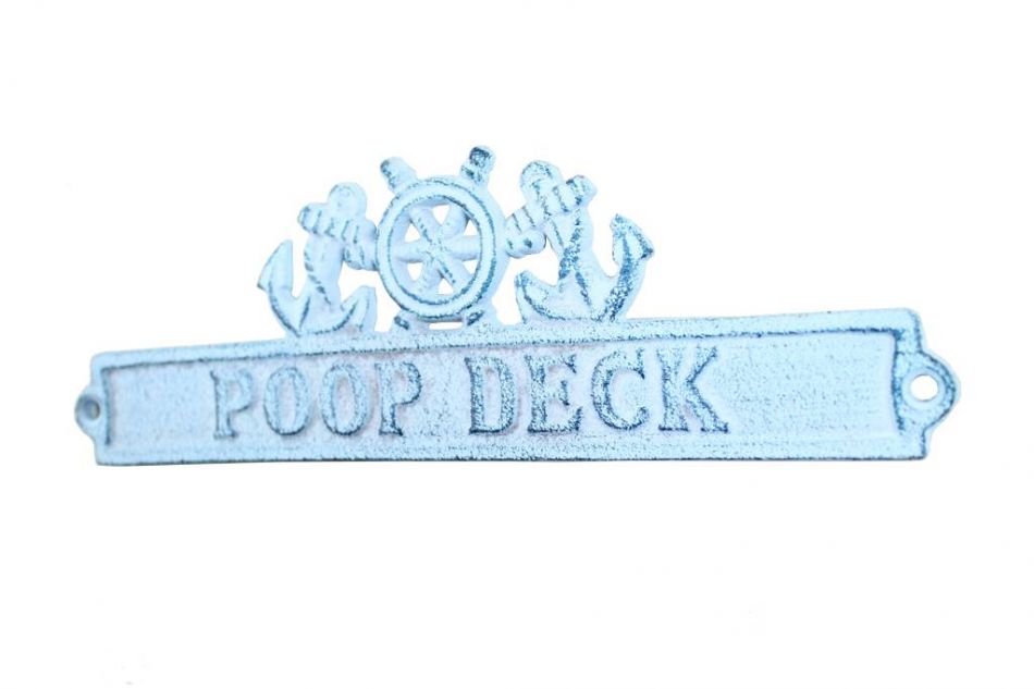 Dark Blue Whitewashed Cast Iron Poop Deck Sign with Ship Wheel and Anchors 9""