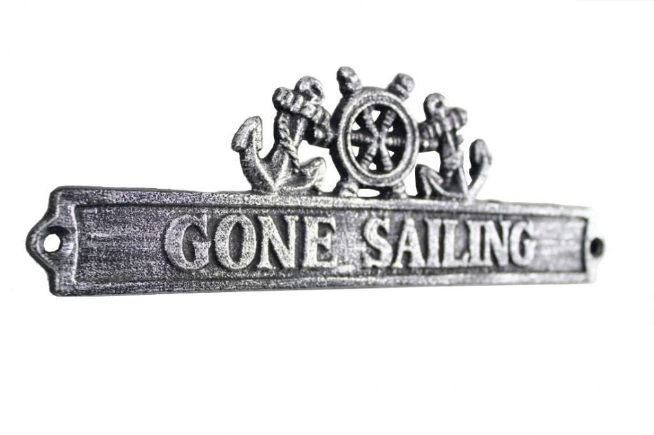 Antique Silver Cast Iron Gone Sailing Sign with Ship Wheel and Anchors 9""