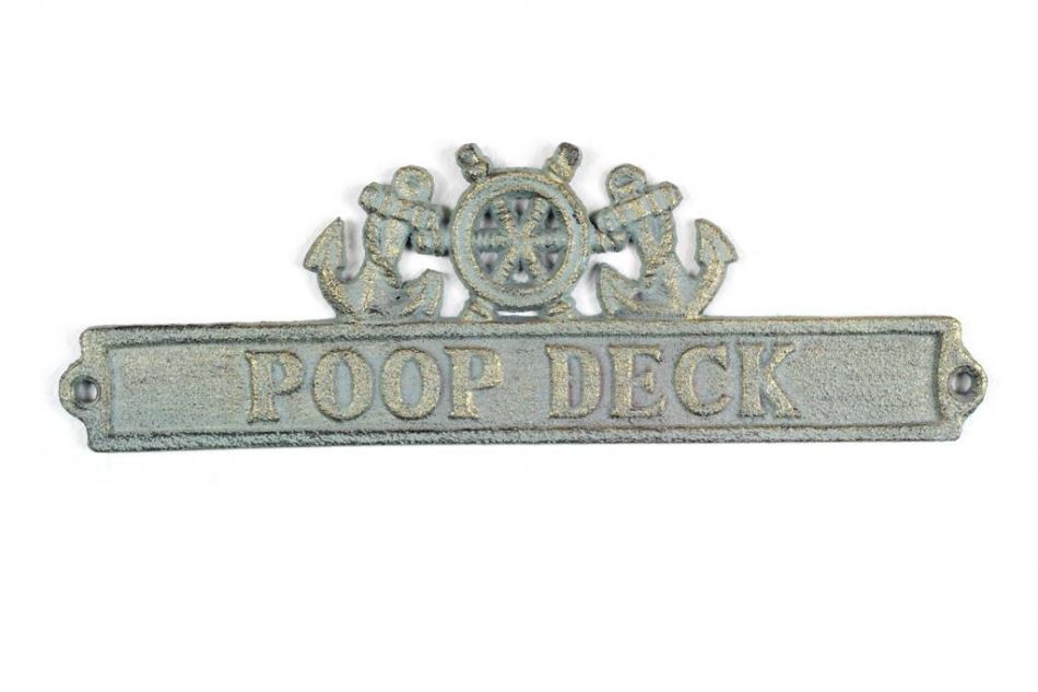 Antique Bronze Cast Iron Poop Deck Sign with Ship Wheel and Anchors 9""