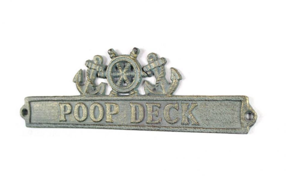Antique Bronze Cast Iron Poop Deck Sign with Ship Wheel and Anchors 9""