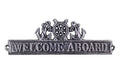 Antique Silver Cast Iron Welcome Aboard Sign with Ship Wheel and Anchors 9""