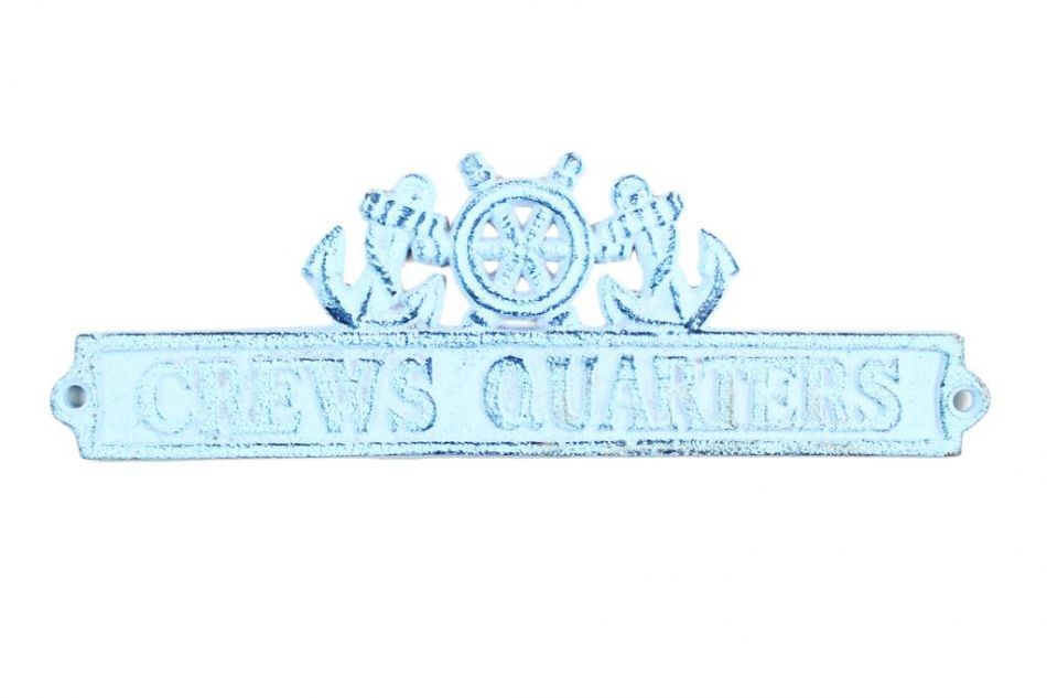 Dark Blue Whitewashed Cast Iron Crews Quarters Sign with Ship Wheel and Anchors 9""