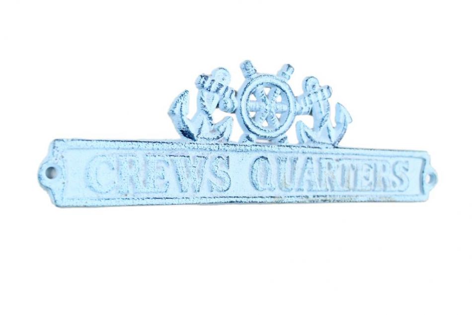 Dark Blue Whitewashed Cast Iron Crews Quarters Sign with Ship Wheel and Anchors 9""