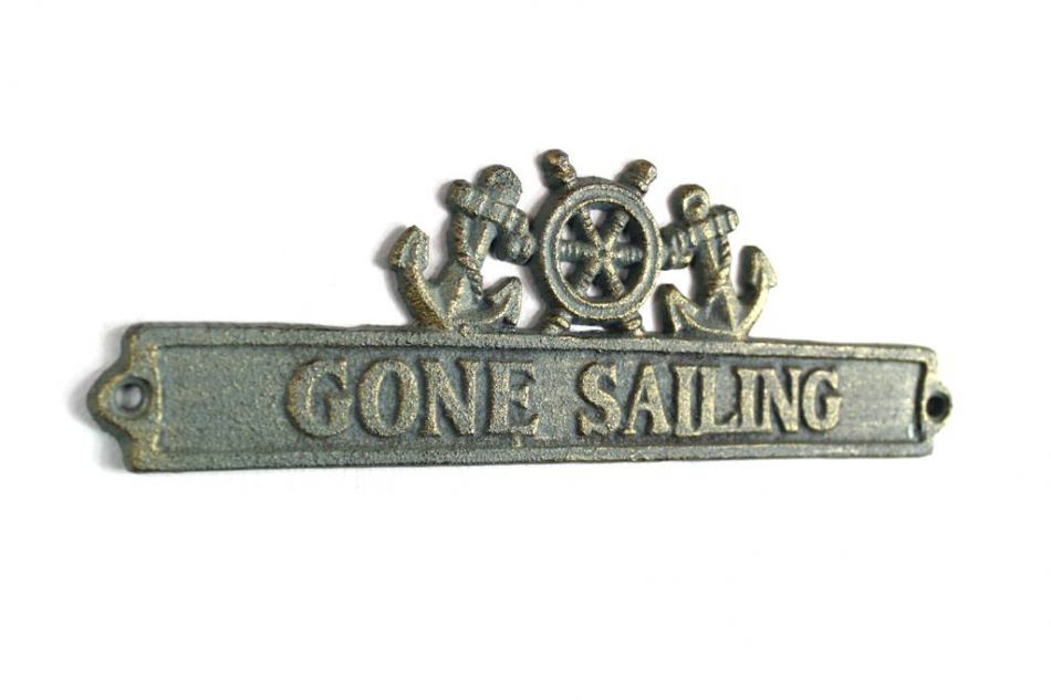 Antique Bronze Cast Iron Gone Sailing Sign with Ship Wheel and Anchors 9""