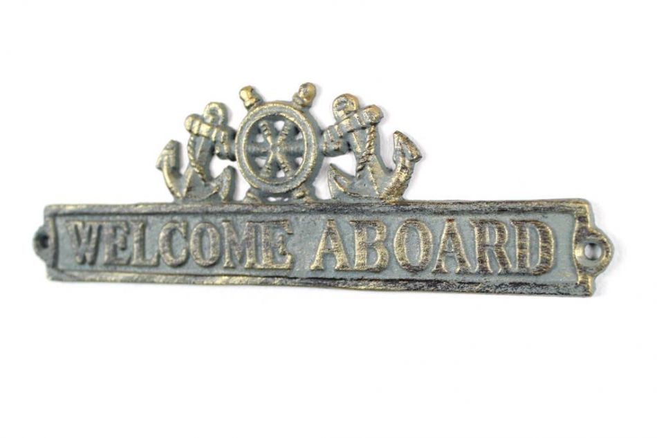 Antique Bronze Cast Iron Welcome Aboard Sign with Ship Wheel and Anchors 9""