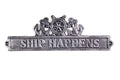 Antique Silver Cast Iron Ship Happens Sign with Ship Wheel and Anchors 9""
