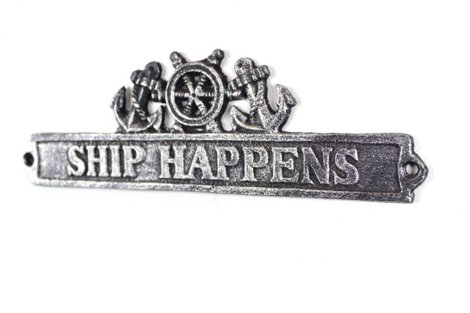 Antique Silver Cast Iron Ship Happens Sign with Ship Wheel and Anchors 9""