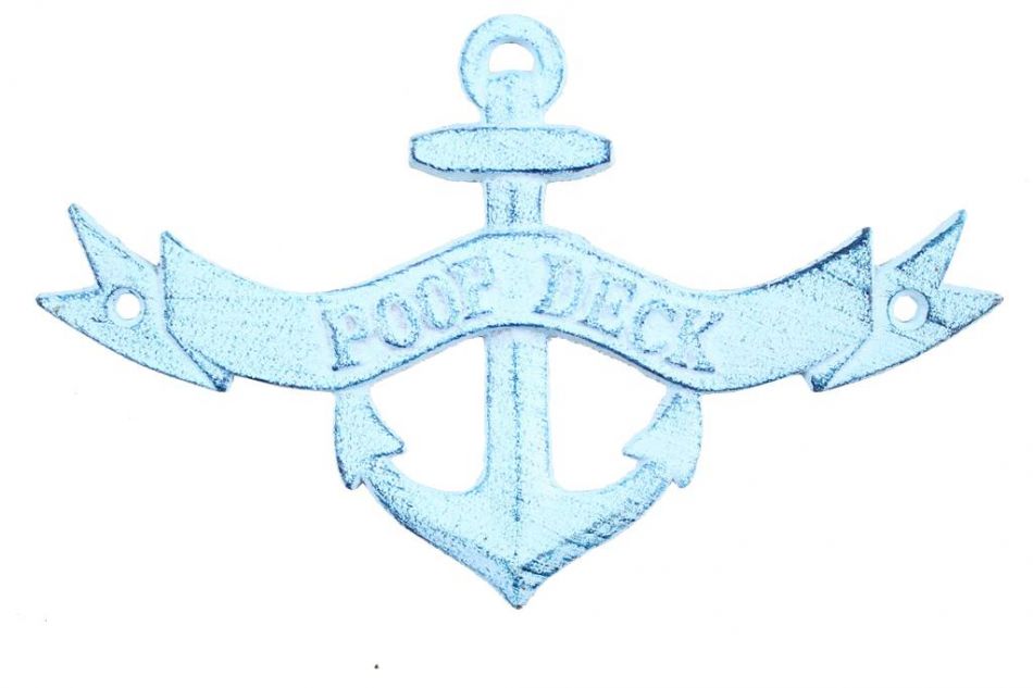 Dark Blue Whitewashed Cast Iron Poop Deck Anchor Sign 8""