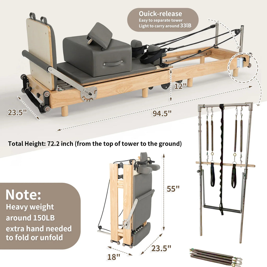 Nexace Wood Foldable Pilates Reformer with Tower