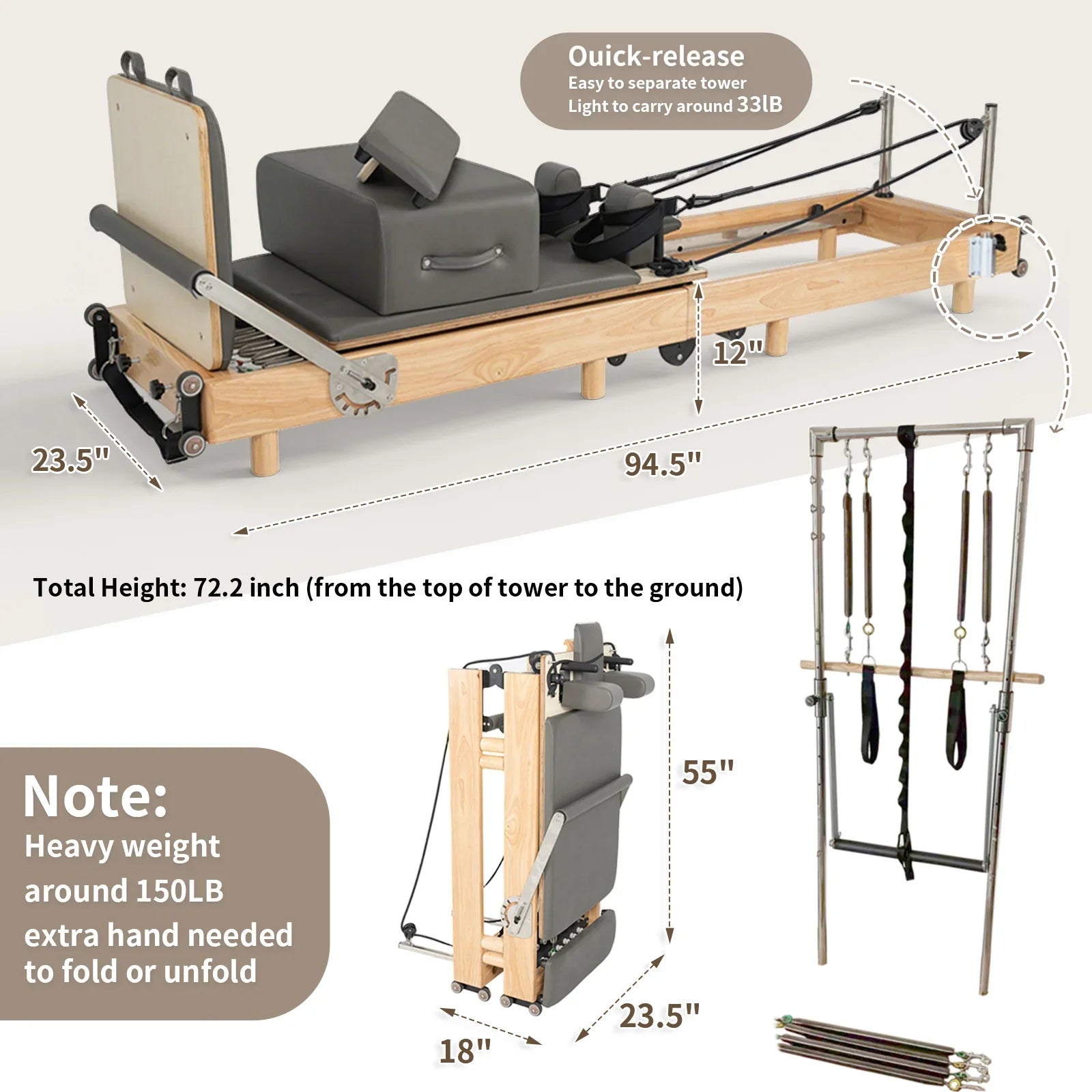 Nexace Wood Foldable Pilates Reformer with Tower