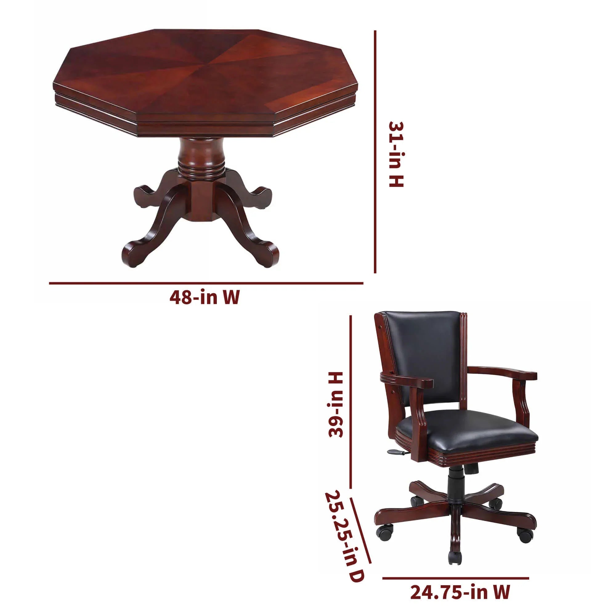 *PRE ORDER* 48-in Poker Table, Bumper Pool Combo Set with 4 Arm Chairs - Dark Wood Finish