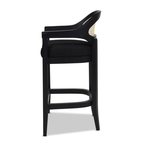 Pyrla 26" Upholstered Counter Stool with Curved Cane Back and Wood Legs
