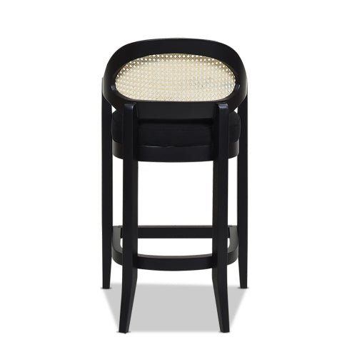 Pyrla 26" Upholstered Counter Stool with Curved Cane Back and Wood Legs