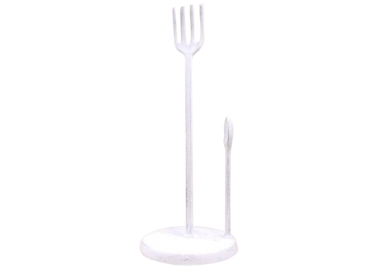 Whitewashed Cast Iron Fork and Spoon Kitchen Paper Towel Holder 15""
