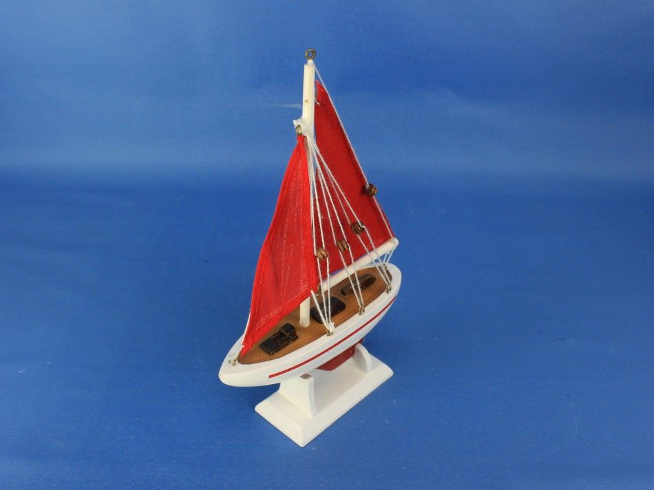 Wooden Red Pacific Sailer with Red Sails Model Sailboat Decoration 9""