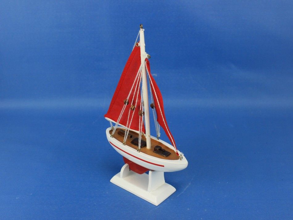 Wooden Red Pacific Sailer with Red Sails Model Sailboat Decoration 9""