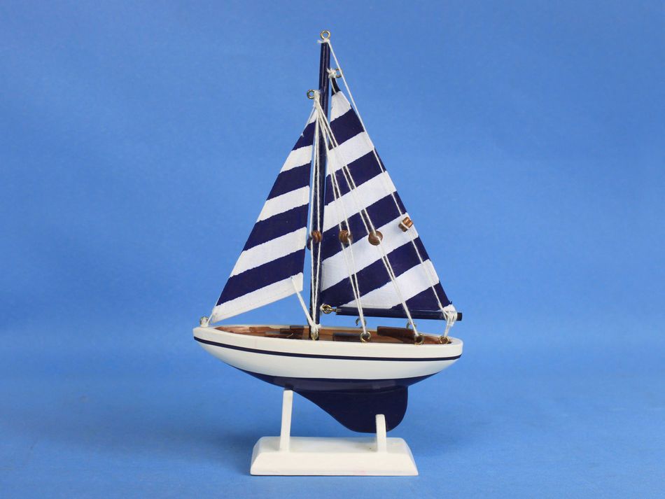 Wooden Blue Striped Pacific Sailer Model Sailboat Decoration 9""