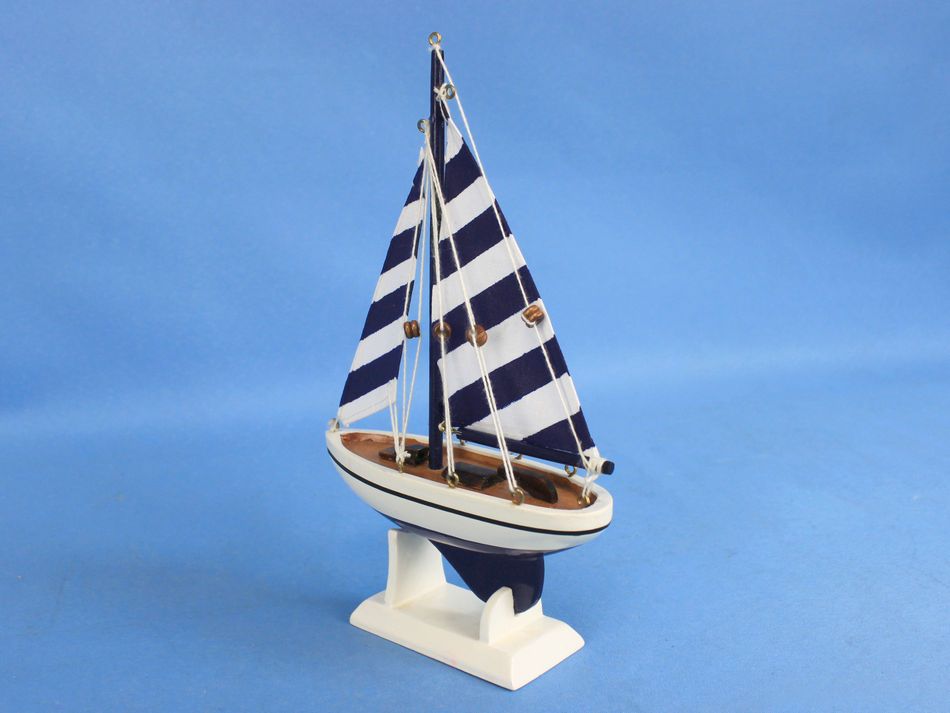Wooden Blue Striped Pacific Sailer Model Sailboat Decoration 9""