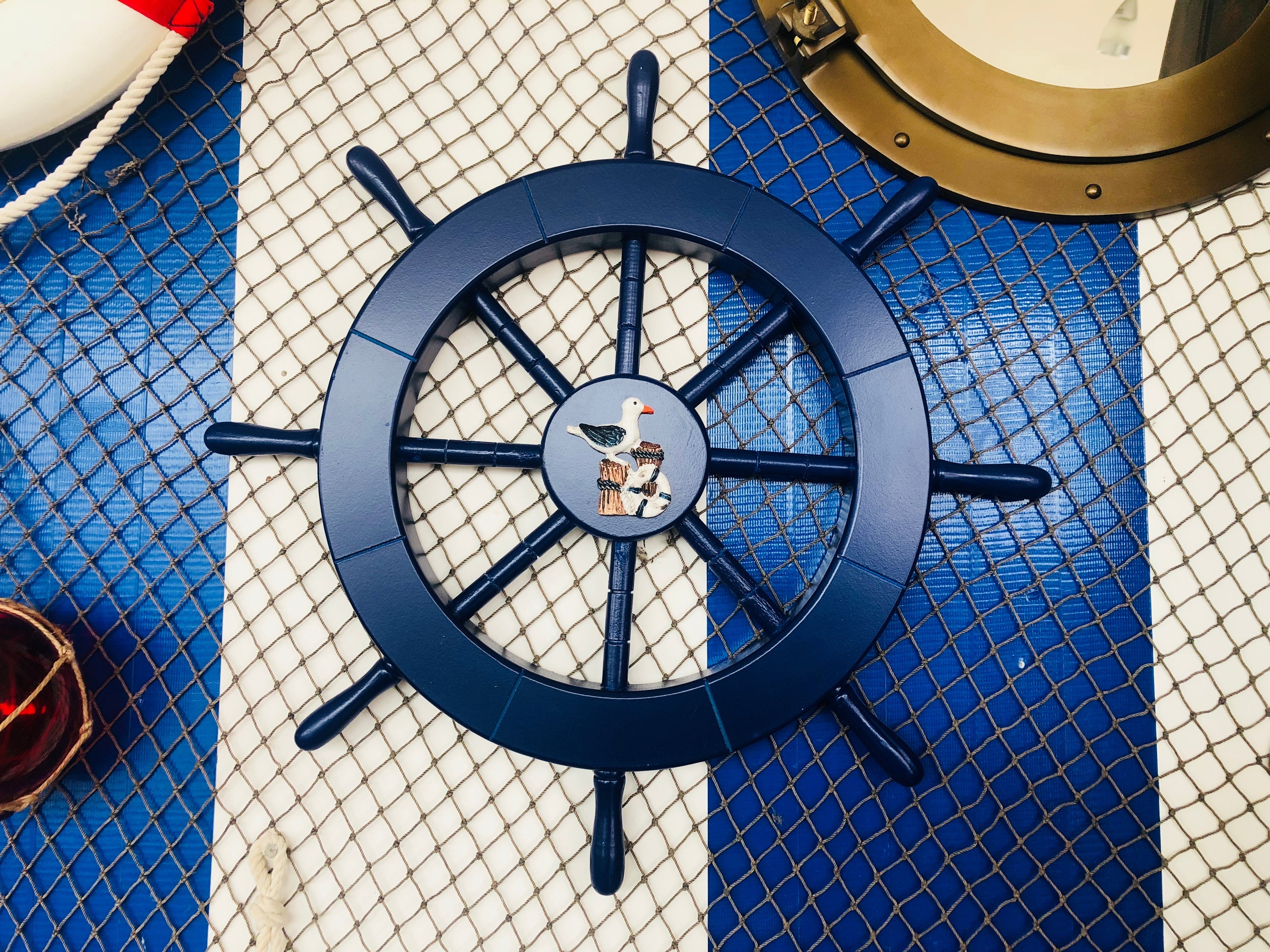 Dark Blue Decorative Ship Wheel with Seagull and Lifering 18""